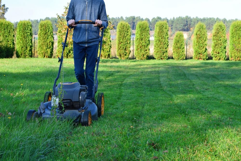 A man using a lawn mower to cut grass in a well-maintained garden.